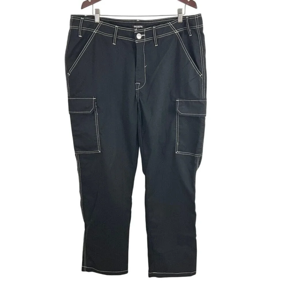True Religion Cargo Pants Mens 36‎ Jet Black White Contrast Stitch 108335